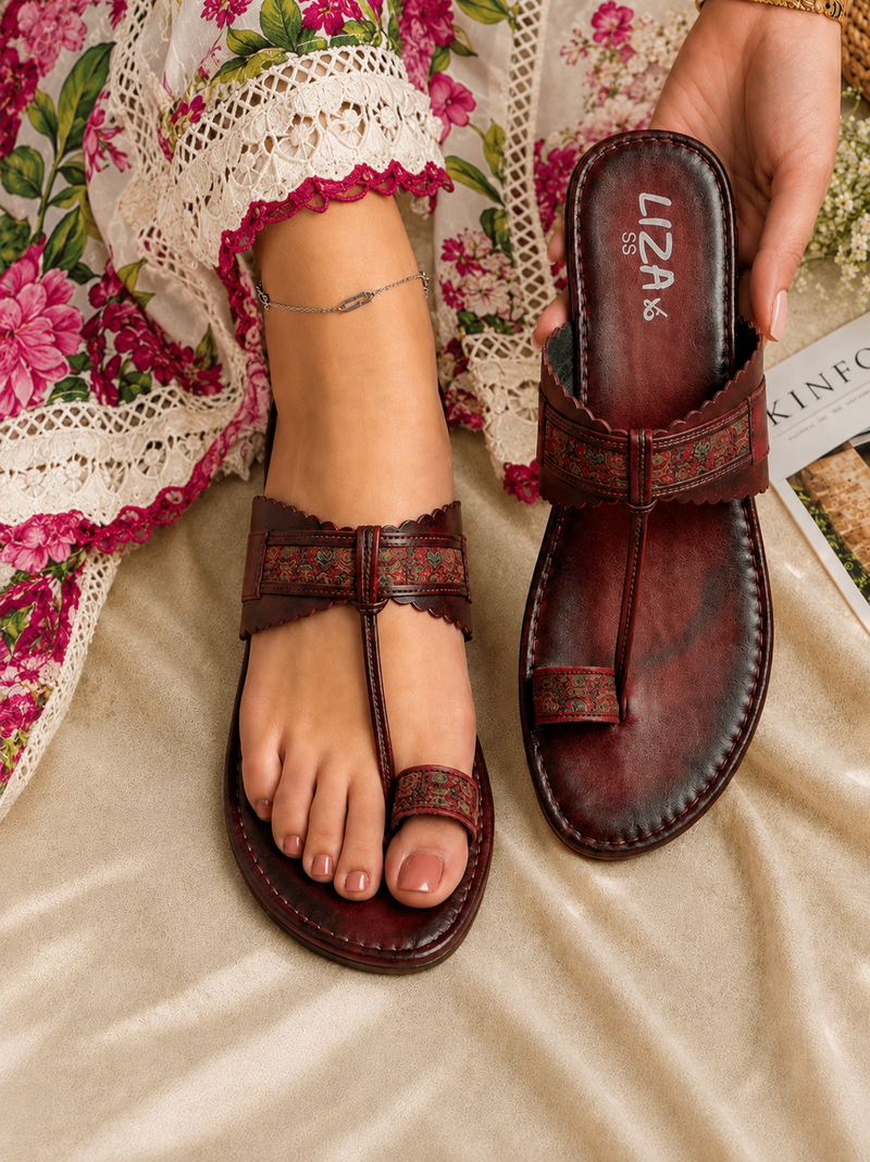 Maroon Petal-Edge Floral T-Strap kolhapuri