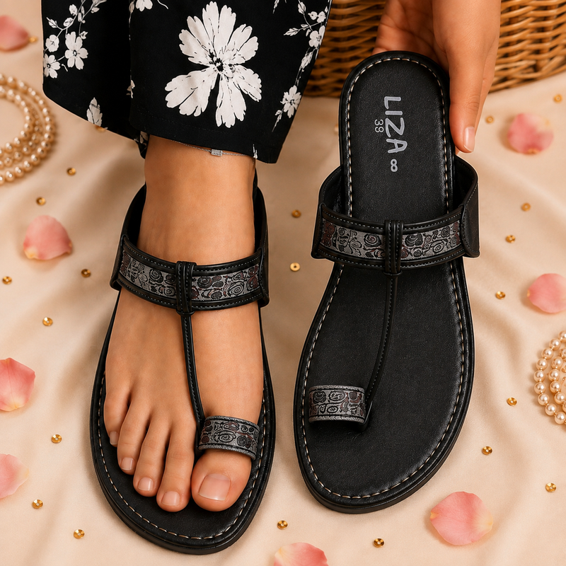 Black Classic Floral  print Kolhapuri